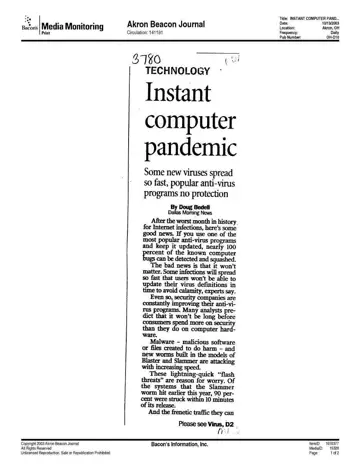 Akron Beacon Journal coverage of Panda Software, 2003-10-13, page 1: Instant Computer Pandemic
