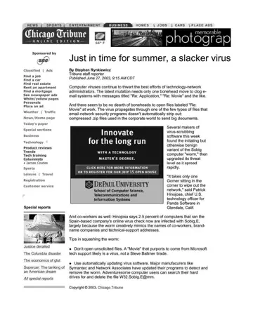 Chicago Tribune coverage of Panda Software, 2003-06-27, page 1: Just in time for summer, a slacker virus