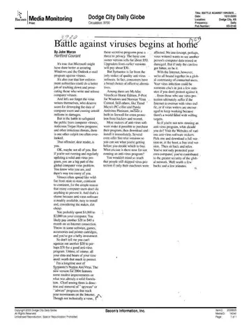Dodge City Daily Globe coverage of Panda Software, 2003-10-31, page 1: Battle against viruses begins at home