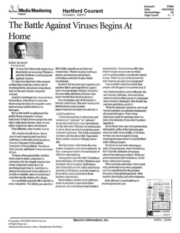 Hartford Courant coverage of Panda Software, 2003-10-23, page 1: The Battle Against Viruses Begins At