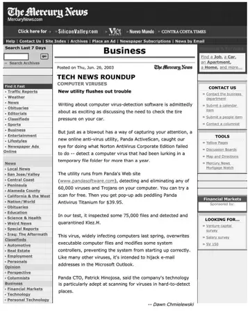 San Jose Mercury News coverage of Panda Software, 2003-06-26, page 1: New utility flushes out trouble