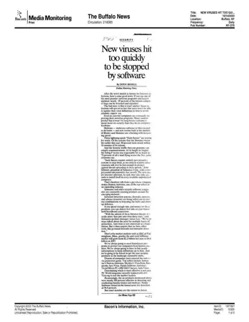 The Buffalo News coverage of Panda Software, 2003-10-14, page 1: New Viruses hit too quickly to be stopped