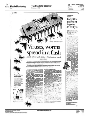 The Charlotte Observer coverage of Panda Software, 2003-10-13, page 1: Viruses, Worms Spread in a Flash