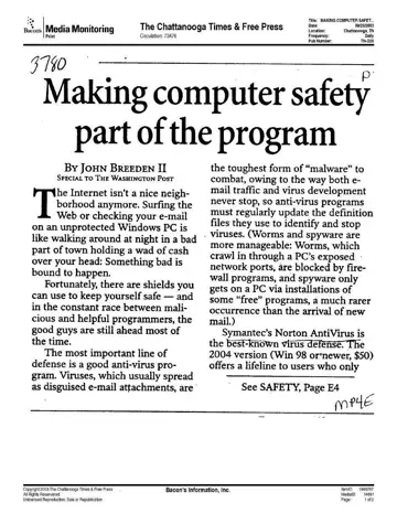 The Chattanooga Times & Free Press coverage of Panda Software, 2003-09-23, page 1: Making computer safety part of the program
