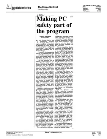 The Keene Sentinel coverage of Panda Software, 2003-09-26, page 1: Making PC safety part of the program