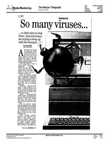 The Macon Telegraph coverage of Panda Software, 2003-10-09, page 1: SO MANY VIRUSES