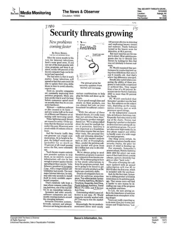 The News & Observer coverage of Panda Software, 2003-10-15, page 1: SECURITY THREATS GROWING