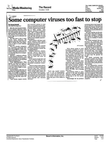 The Record coverage of Panda Software, 2003-10-12, page 1: Some computer viruses too fast to stop