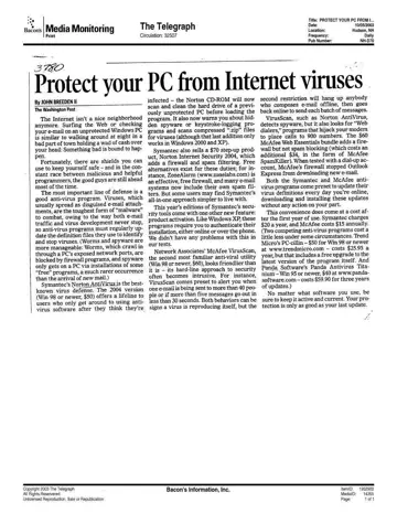 The Telegraph coverage of Panda Software, 2003-10-05, page 1: Protect your PC from Internet viruses