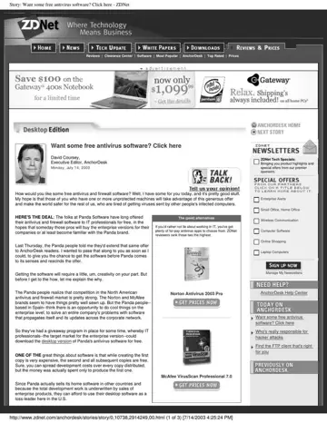 ZDNet AnchorDesk coverage of Panda Software, 2003-07-14, page 1: Want some free antivirus software? Click here