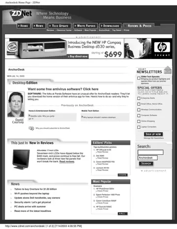 ZDNet AnchorDesk coverage of Panda Software, 2003-07-14, page 1: Want Some Free Software